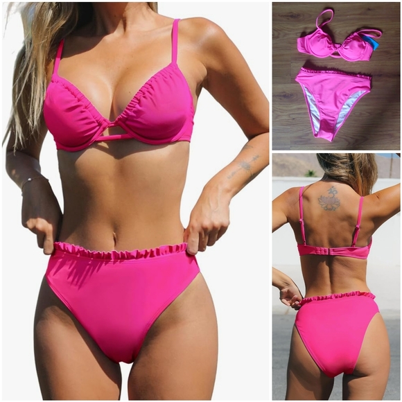 Cupshe Other - NWT Cupshe Hot Pink Push Up Underwire High Two Piece Bikini Swimsuit Bathing M